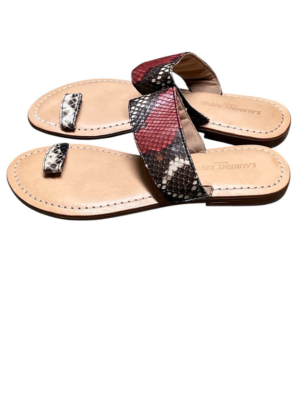 Laurent Effel red, cream, and brown leather snakeprint toe ring sandals boho